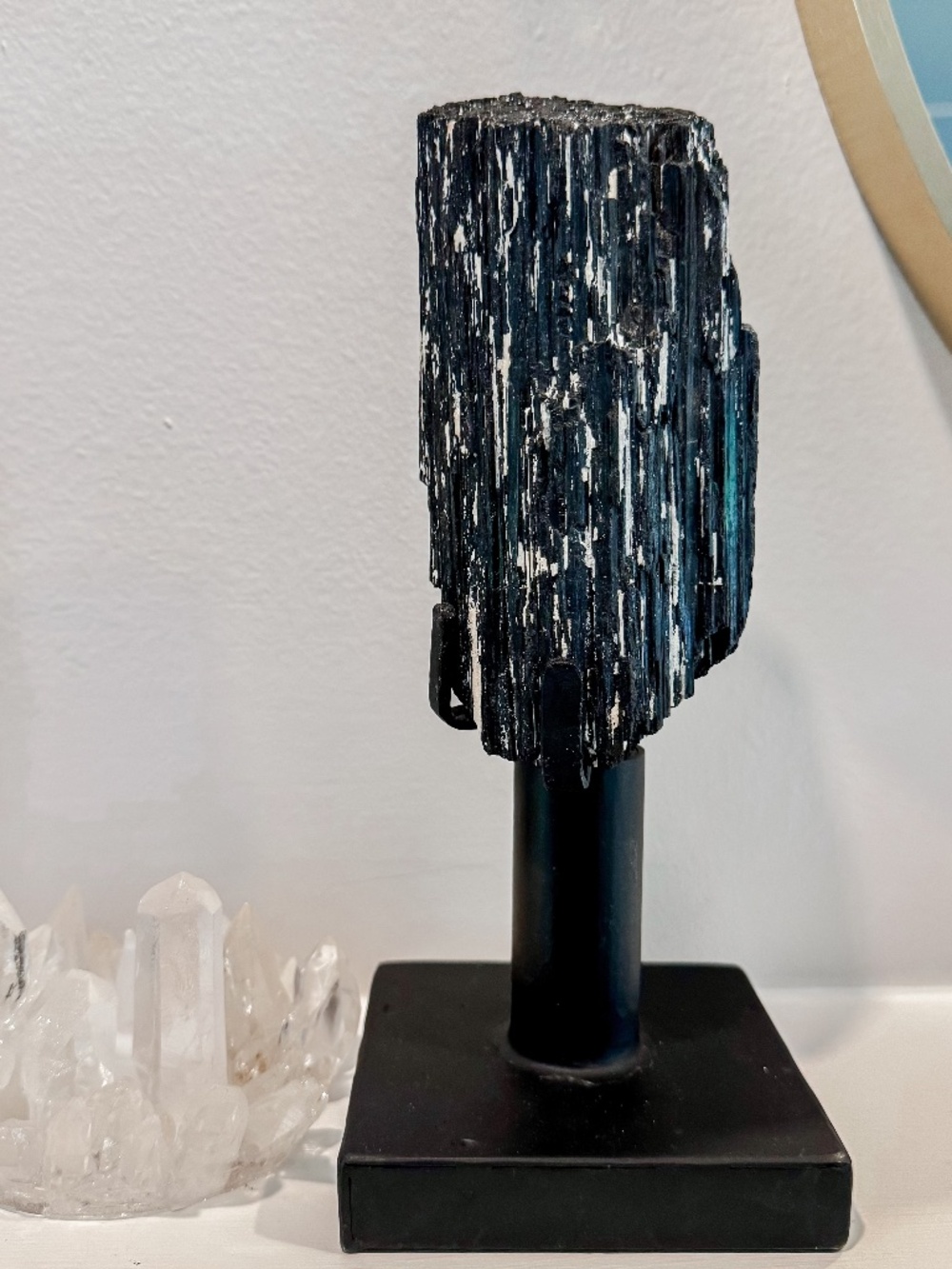 Large Raw Black Tourmaline with Quartz crystals on Spinning Stand